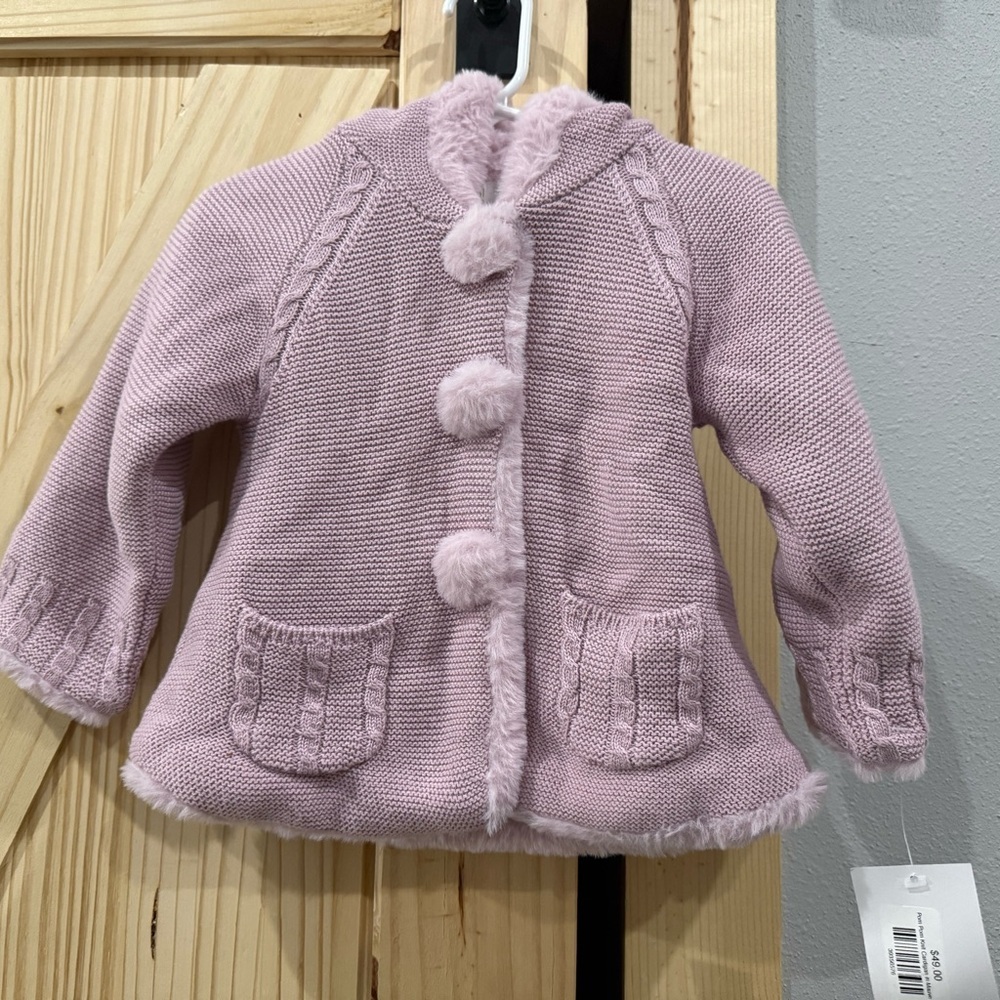 Mauve Knit Kids Cardigan with Pom-Pom Details